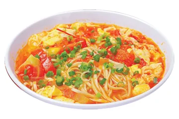 Pasta with soup, egg sauce and tomato