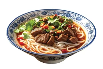 Rice noodles with soup, meat and chili